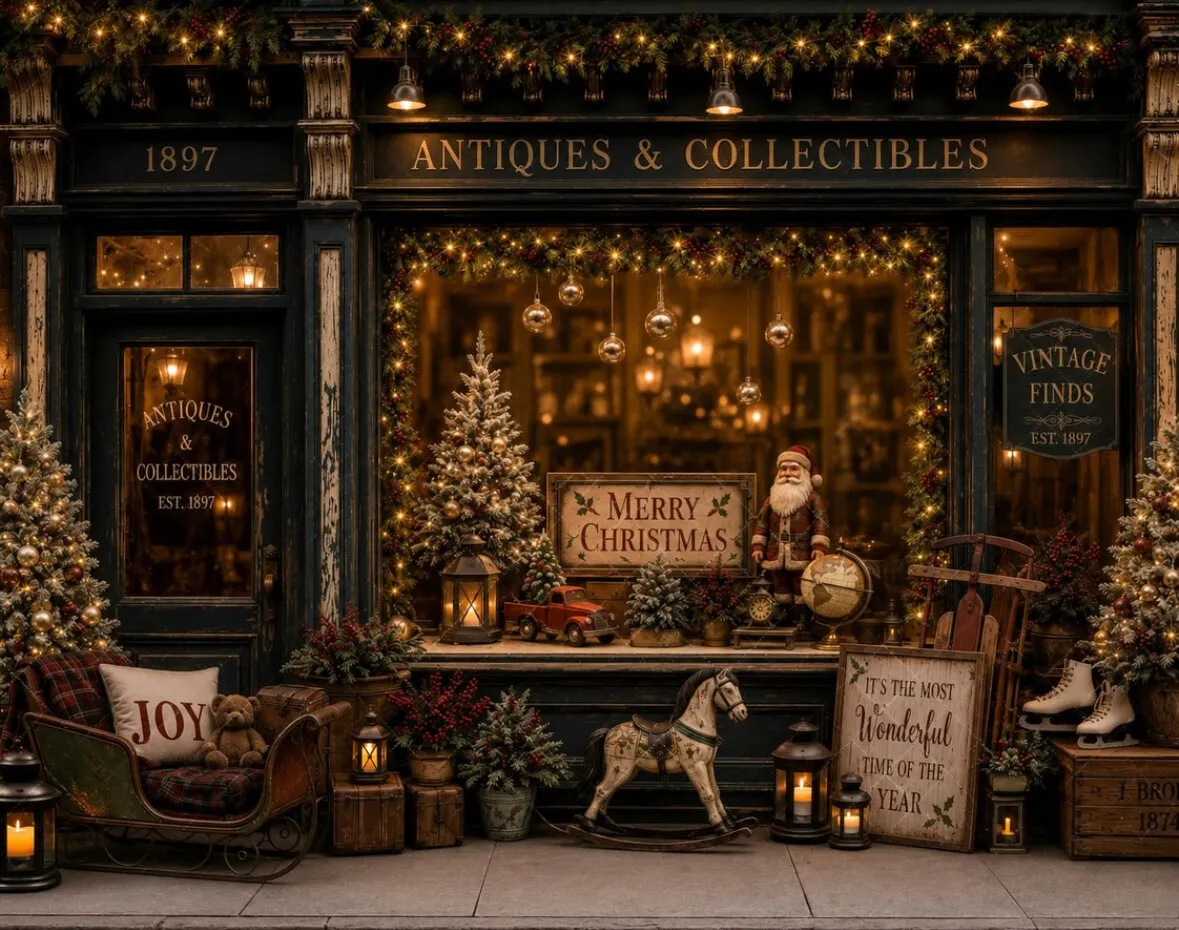 Christmas studio set styled as a vintage antiques shop window with fairy lights, trees, a sleigh and a rocking horse