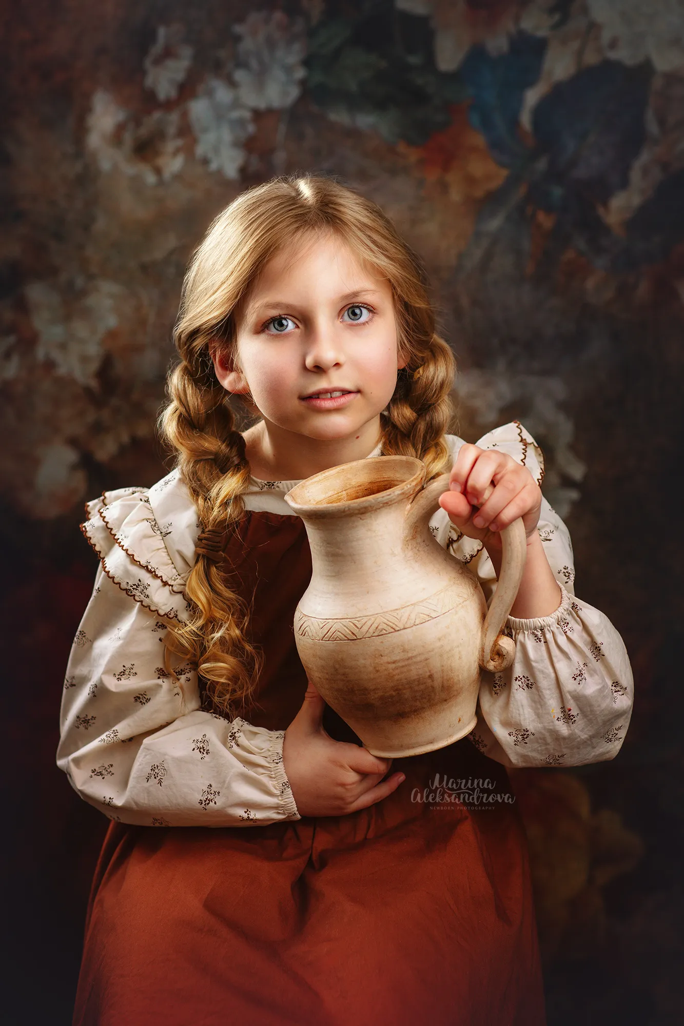 Girl with plaited hair holding a clay jug, painterly children's portrait