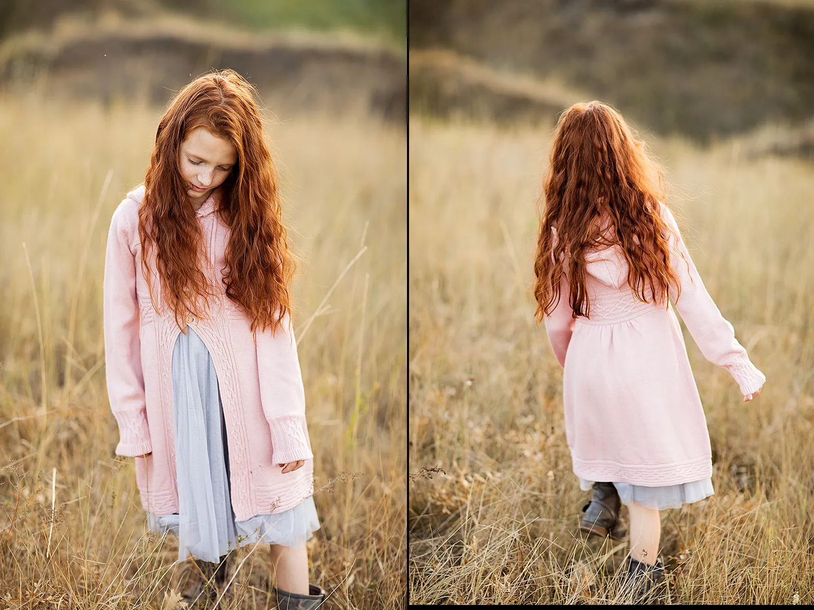 Girl with long red hair in a pink cardigan walking through a meadow