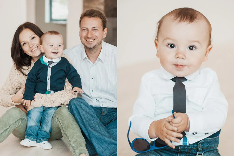 Parents with their baby son, and a portrait of the boy in a shirt and tie