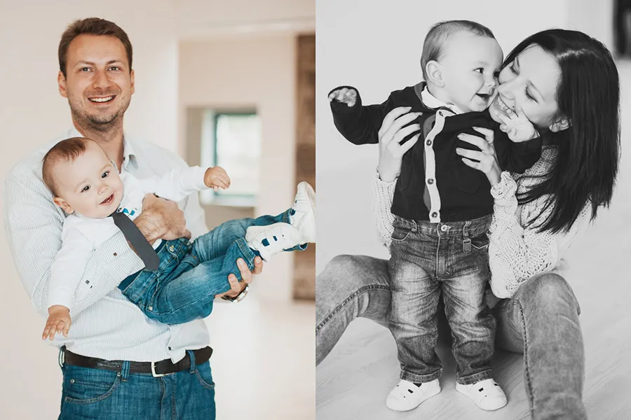 Dad swinging his baby son, and a black and white photo of mum with the boy