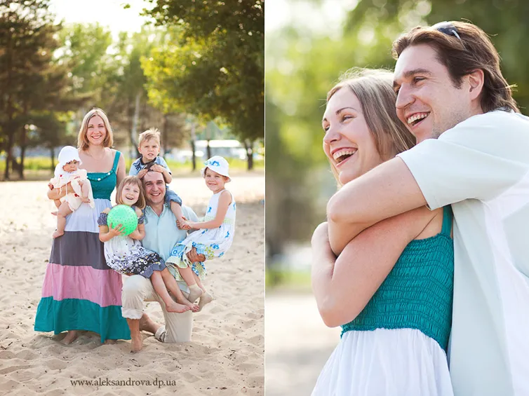 Family on a beach, and a couple hugging and laughing
